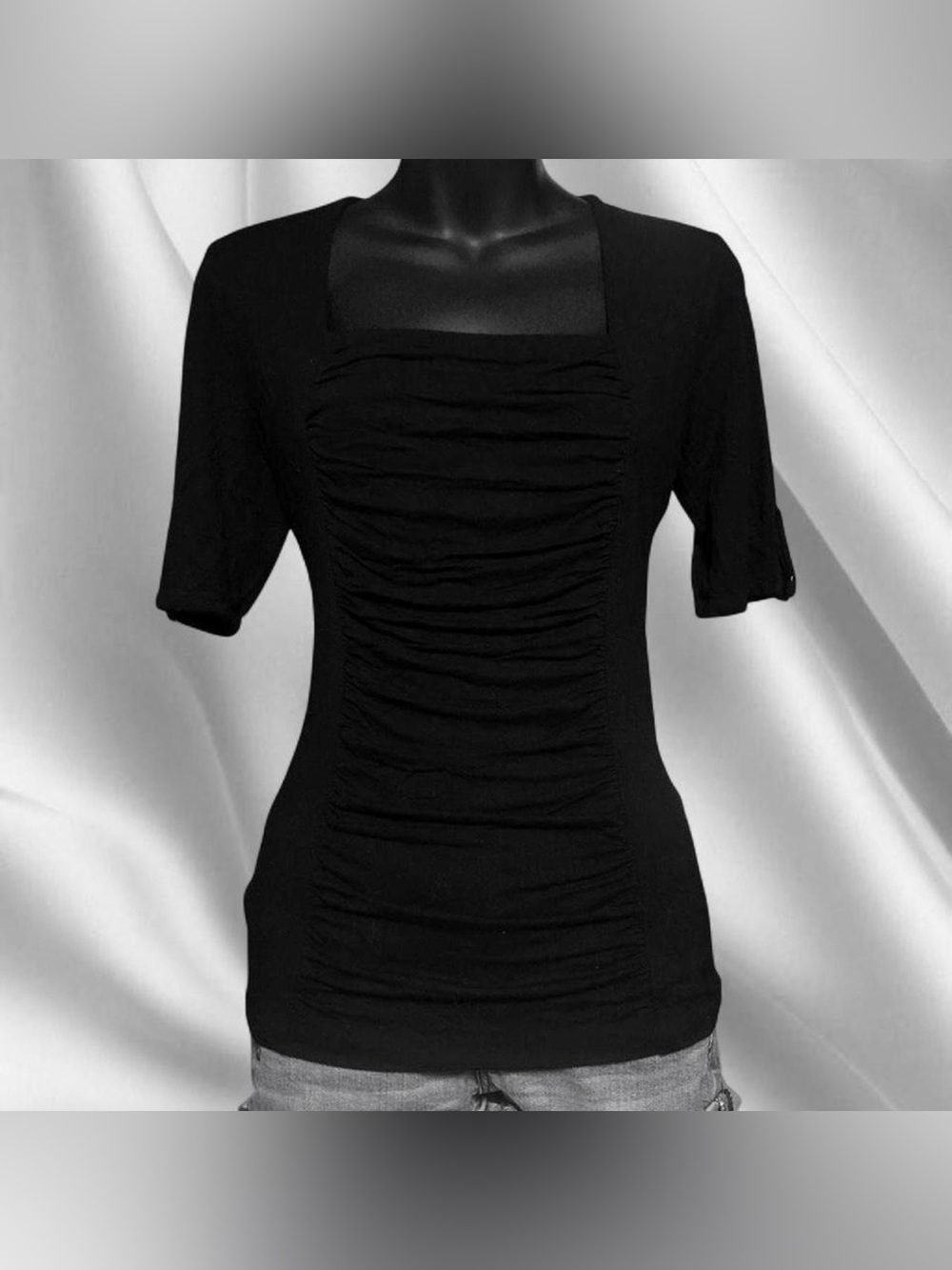 Chic Black Ruched Metal Blouse
